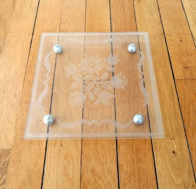 Ancien dessous de plat Art Déco Verre Décor floral dépoli Vintage 1950 Signé - Photo 1/3