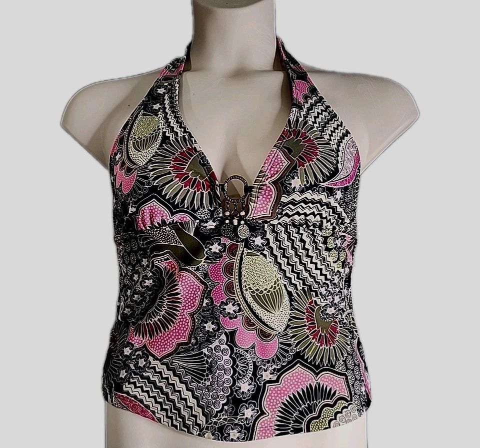 Camiseta Tankini Sand N Sun Halter Floral y Geométrica Rosa Negro Verde Sin Etiquetas de Talla Foto 1 de 4