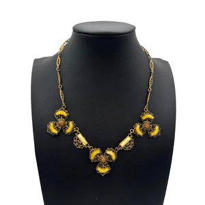 VTG Art Deco Czech Filigree Amber Glass Necklace Choker 14" Brass Tone Yellow - Picture 1 of 8