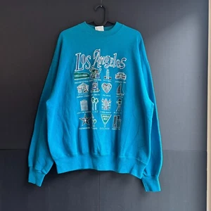 Vintage 90s Los Angeles Graphic Crewneck Sweatshirt Teal Tourist Souvenir Size L - Bild 1 von 6