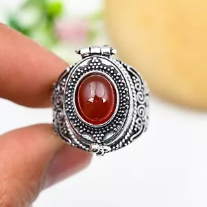 Natural Carnelian Gemstone Pill Box Ring 925 Sterling Silver Adjustable Jewelry - Picture 1 of 5