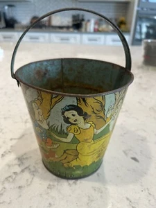 Vintage 1938 Ohio Art Co Snow White Tin Sand Pail Bucket Lithograph Litho BN - Picture 1 of 12