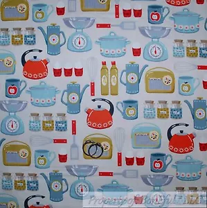 BonEful FABRIC FQ Cotton Quilt Blue Red American VTG Print Retro Antique Kitchen - Picture 1 of 13