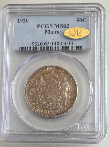 Gold CAC Sticker 1920 MAINE  COMMEMORATIVE HALF DOLLAR PCGS MS 62. GOLD CAC  !!! Cover