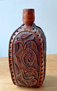 VNTG Hand Tooled Leather Covered Glass Liquor Bottle Decanter Wine Bottle 8.5" - Picture 1 of 11
