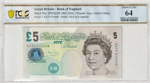 Great Britain 2002 5 Pounds PCGS Certified Banknote UNC 64 Pick 391c - Picture 1 of 2