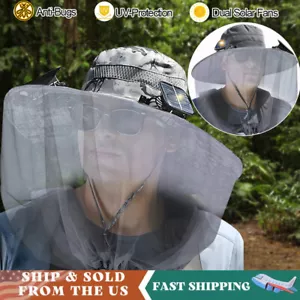 Sun Hats with Solar Fan Wide Brim Fishing Bucket Netting UV Protection Men Women - Picture 1 of 10