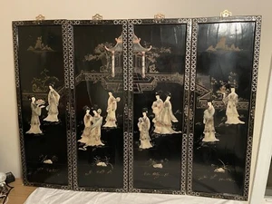 4 Vintage Asian Black Lacquer Mother of Pearl Wall Panels Art Asian Geisha Women - Picture 1 of 24