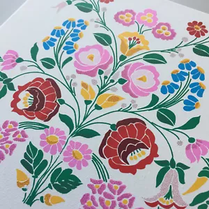 Kalocsa Wall Art Hungary Screen printed Traditional Hungarian Flowers 12x12 inch - Picture 1 of 9