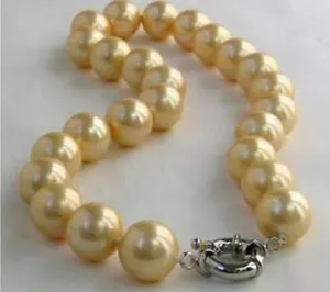 Genuine 10mm yellow south sea shell pearl round beads necklace 18 inches - Picture 1 of 3