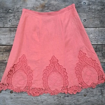 Falda Cynthia Rowley Talla 10 Mediana Lino Mezcla Encaje Coral Rosa Naranja DEFECTUOSA Foto 1 de 4