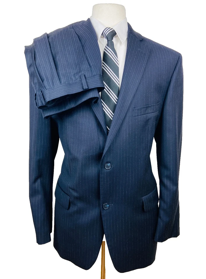TASSO ELBA Mens 46R Navy Stripe Wool CASHMERE 2 Piece Suit W/ Dress Pants 38x30 - Image 1 of 4
