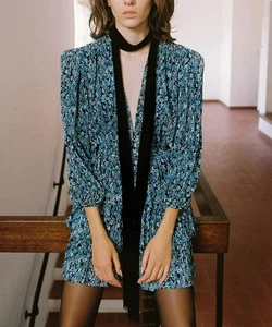 NEW Sabina Musayev Suzanne Blue Metallic Plisse Long Sleeve Tiered Mini Dress S - Picture 1 of 13
