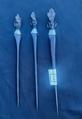Vtg Lot x3 Hand Carved African Wooden Hair Pins-Sticks, Faces/Heads-Teak - Image 1 of 2