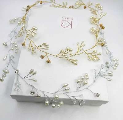 Wedding Headband Pearl Tiara for Brides, Pearl Leaf Hair Vine Bridal Head Wreath - Image 1 of 4