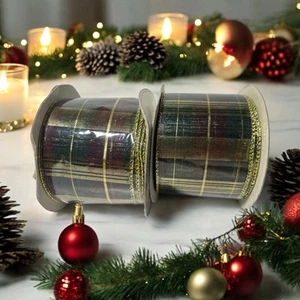 Lot of 2 NWT Vintage Allstate sheer PLAID Ribbon green Gold 2.5" - Picture 1 of 7