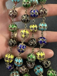 Antique Vintage Chinese Export Silver Filigree Enamel Ball Necklace 30” G6 - Picture 1 of 14