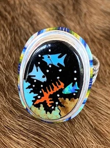 Vintage Estate Sterling Zuni Inlay Ring Fish In Coral Design Sz 8 - Picture 1 of 9