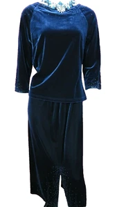 Anne Brooks Petite Dark blue velvet like top UK 12 & skirt UK 14 evening party - Picture 1 of 12