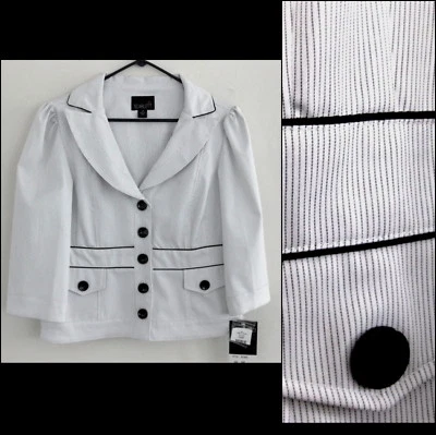 NWT Pinstriped jacket 14 White with black Shawl collar Fitted Stretch L 12 New - Image 1 of 4