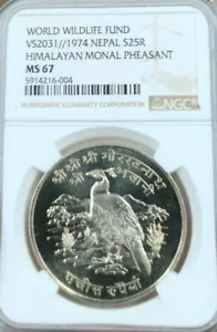 1974 NEPAL SILVER 25 RUPEE S25R HIMALAYAN MONAL PHEASANT NGC MS 67 SCARCE GEM - Picture 1 of 3