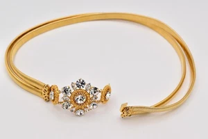 Vintage Crystal Buckle Flex Stretchy Waist Belt Gold Chain Chunky 27"-31" 1980s - Picture 1 of 12