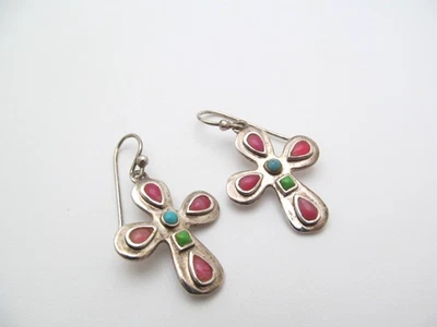 Brincos pendentes cruzados de pedra rosa turquesa verde prata esterlina 925 Barse - Imagem 1 de 4