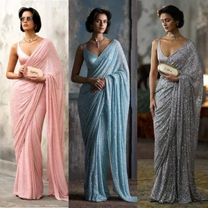 WOMEN' S  DESIGNER GEORGETTE SAREE BOLLYWOOD INDIAN ETHNIC PARTY WEAR SARI EID - Picture 1 of 4