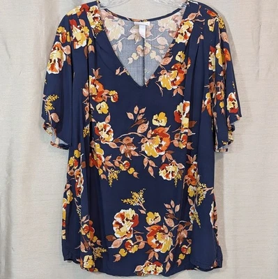 Ingrid & Isabel Blue Orange Floral Print V-Neck Blouse Flutter Sleeve Size Large - Image 1 of 4