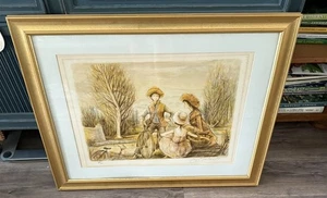 JACQUES LALANDE LITHOGRAPH Mom Kids Picnic Park Ltd Ed 26 X 32 FRAMED - Picture 1 of 12