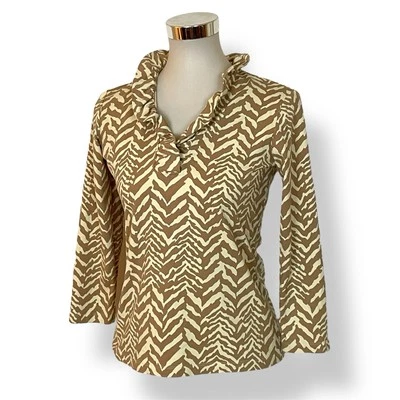 Топ J McLaughlin размер XS Durham с оборками декольте желтовато-коричневый кремово-белая полоса зебры - Изображение 1 из 4