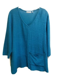 HabitaT Women’s Pullover Top Size Large L Bold Turquoise Pocket V-Neck Ribbed - Picture 1 of 9