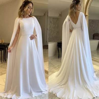 Elegant Wedding Dresses with Cape Sleeves Backless A Line Satin Bridal Gowns New - Image 1 of 4