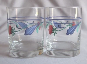 2 Double Old Fashioned Glasses Tumblers Lenox Poppies on Blue Floral Band 4 1/8" - Picture 1 of 1