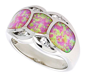 Fine Women Sterling Silver Rhodium Plated, Pink Opal Band CZ stone Accents 12mm - Picture 1 of 1
