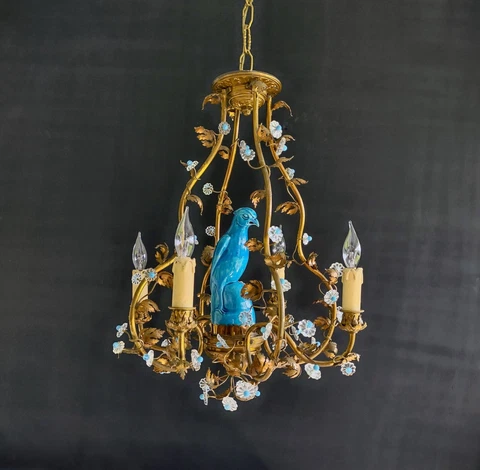 Antique French Gilt Bronze Brass Sevres Parrot & Crystal Tole Flowers Chandelier Cover