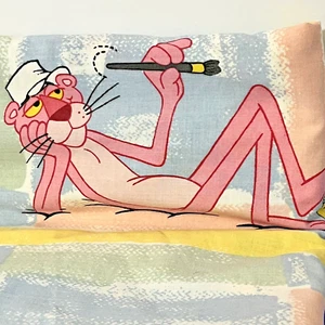 Vintage PINK PANTHER Twin Flat Bed Sheet Pastel Painter JC Penny 64" X 90" - Picture 1 of 7