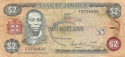 Jamaica   $2  1.2.1987   P 69b  Series  CD  Circulated Banknote G8F - Image 1 of 2