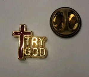 Vtg 'Try God' Religious Gold Tone Red Lapel Pin Cross Church Prayer Christian - Picture 1 of 3