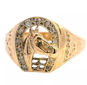 9ct Yellow Gold Horse Head and Horseshoe Ring, 12 Brilliant cut Diamonds,4.8g - Picture 1 of 21