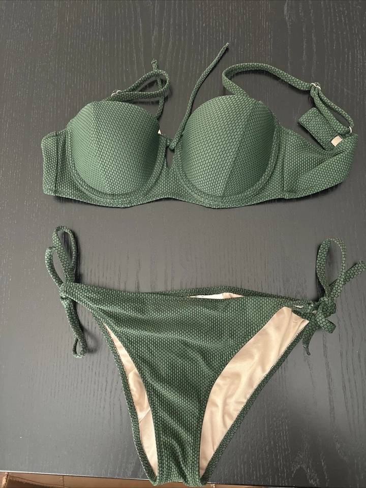 Top de bikini Express para mujer XS verde acolchado lazo espaguetis traje de baño traje de baño Foto 1 de 4