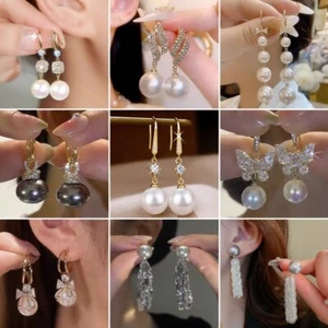 925 Silver Pearl Zircon Butterfly Bowknot Tassel Earrings Stud Drop Dangle Gift - Picture 1 of 29