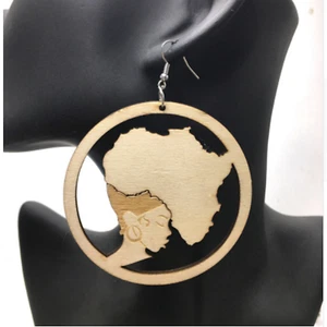 Large Wooden Africa Map Black Woman Afro Dangle Earrings - Picture 1 of 4
