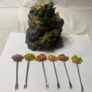 Vintage Tropical fish fondue fork set Set Of 6 Forks And 1 Rock Holder - Picture 1 of 13