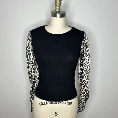 Blusa Zara Top Mujer Mediana Negra Acanalada Tejida Leopardo Manga Globo Nueva con Etiquetas Foto 1 de 4