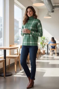 Suéter Pullover Jones & Co New York Cuello Simulado Verde A Cuadros Manga Larga Talla S - Imagen 1 de 5