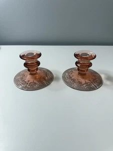 Vintage Pair Of Pink Depression Glass Candle Holders W/ Etched Design 1930’s EUC - Picture 1 of 13