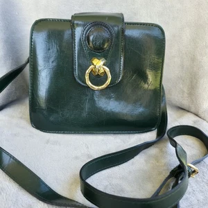 VTG Green Leather Crossbody Handbag 60s Mod Retro Purse Structured Gold Ring - Picture 1 of 17
