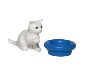 Playmobil Miniature White kitten baby cat w/ blue milk drinker - C9 - Picture 1 of 4