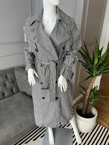 NEXT Trench Coat Black & White Check Long Mac Trench Jacket UK 8 RRP £90 - Picture 1 of 11